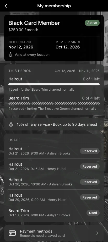 Pantalla Mi membresía en una app de barbería con marca propia